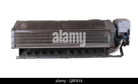 Dirty air conditioner blower fan and coil on white background. The blower of the dusty indoor air conditioner. Stock Photo