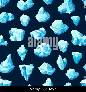 Blue ice cubes and crystals seamless pattern. Vector background with cartoon frozen blocks, icebergs, magic stones and iced floes or stalagmites. Abstract pattern with icy caps Stock Vector