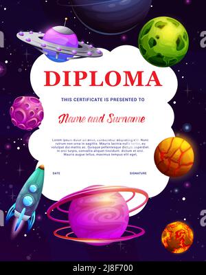 Rocket and UFO between planets in fantastic dark galaxy space. Kids diploma vector certificate. Cartoon asteroids and starship in universe with stars, alien saucer and spaceship, school frame template Stock Vector