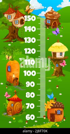 Kids height chart ruler, cartoon elf village and fairy houses of gnomes, vector growth measure meter. Baby height meter or child tall scale with magic fairy huts in acorn, nest, carrot and snail shell Stock Vector