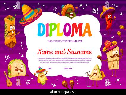 Kids diploma with cartoon funny mexican avocado and tamales, nachos and tacos, burrito and enchiladas characters. Child diploma, kindergarten vector certificate with funny mexican food meals Stock Vector