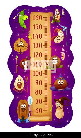 Kids height chart, wizard and magician cartoon nuts and legumes. Vector growth measure meter wall sticker. Magical walnut, peanut, hazelnut and bean, macadamia, cashew, brazilian and pecan characters Stock Vector