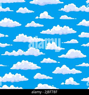 Cloudscape seamless pattern, cartoon fluffy clouds in blue sky, vector background. Cloudy summer sky with fluff clouds pattern, fresh air or heaven and kids cartoon design Stock Vector