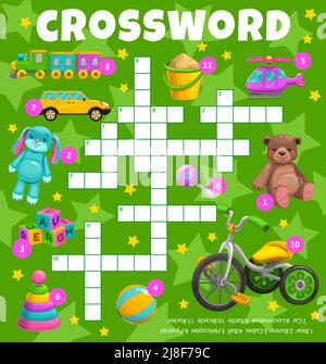 Cartoon kids toys vector crossword worksheet. Find a word quiz game grid and fill in squares puzzle on stars background with ball, bear, train and car, blocks, rabbit, bicycle, rattle and bucket Stock Vector
