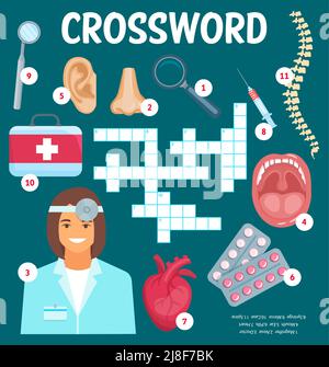 Doctor and otolaryngology medicine crossword vector worksheet. Find a word quiz game, grid puzzle or medical riddle, pills, syringe, doctor, magnifier and mirror, nose, mouth, heart and spine Stock Vector