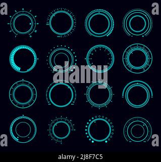 Volume round knob switch dials and music sound control interface regulator, futuristic HUD elements. Vector control knobs or digital buttons with neon light dials and max min level scales, game UI Stock Vector