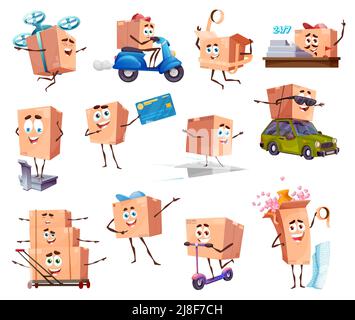 Cartoon packages and cardboard box characters. Shipping and delivery. Vector parcel personages on scooter, drone, car and trolley. Isolated funny pack weighing, cashier worker and wrapping with tape Stock Vector
