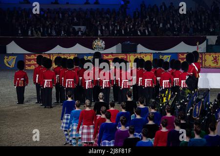 Windsor, Berkshire, UK. 15th May, 2022. Crowds were thrilled to watch the Platinum Jubilee Celebration this evening in the presence of Queen Elizabeth II. The theatrical event involved 500 horses, the band of the Royal Marines and 1,300 performers from across the Commonwealth and the World. Credit: Maureen McLean/Alamy Live News Stock Photo