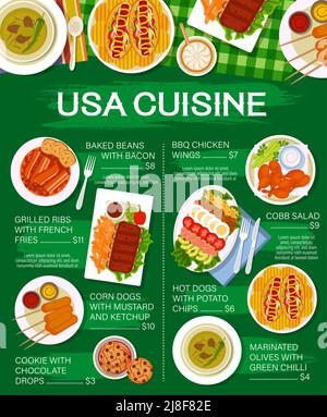 USA cuisine restaurant meat meals menu page. Baked beans with bacon, grilled ribs and corn dogs, cookies with chocolate drops, BBQ chicken and cobb salad, hot dogs, marinated olives with chili vector Stock Vector