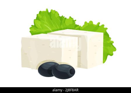 Feta cheese pieces decorated with black olives and lettuce leaves in cartoon style isolated on white background. Dairy product, ingredient. Vector illustration Stock Vector
