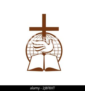 Symbol of christianity with globe, Bible book and dove. Christian religion, church or mission outline vector sign. Christian community emblem with sacred symbols and globe Stock Vector