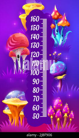 Kids height chart, fantastic cartoon magic mushrooms, growth measure meter. Vector fairy tale world measurement scale for children with fantasy or alien funny fungi plants and grow pediatric ruler Stock Vector