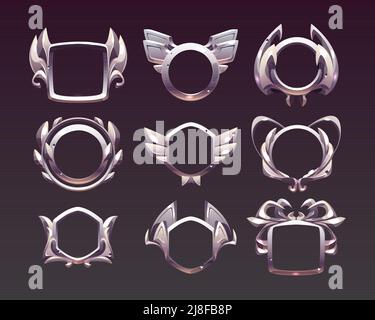 Game buttons with different fantasy silver frames. Blank old green ...