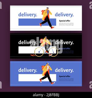 Delivery posters with man courier with backpack walk and ride on bike. Vector banners of fast shipping service with flat illustration of deliver man carry parcel or order Stock Vector