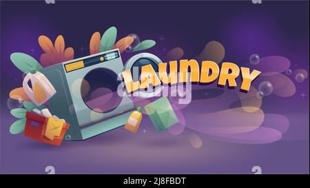 Laundry service advertising posters with automatic washing machine, detergents in bottles, dirty clothes in basket. Vector banner of public launderette room, washhouse Stock Vector