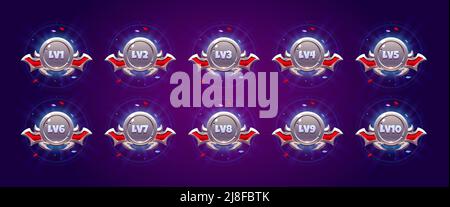 Game metal badges with level number. Vector cartoon set of silver achievement rank emblems with frame of bat wings, round labels of game level isolated on background Stock Vector