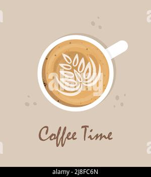 Cup of Coffee, top view, and Coffee time Text. Vector illustration Stock Vector