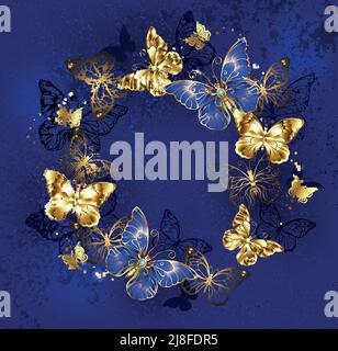 Sapphire, jewelry butterflies and gold butterflies flying in circle, on blue, textured background. Stock Vector