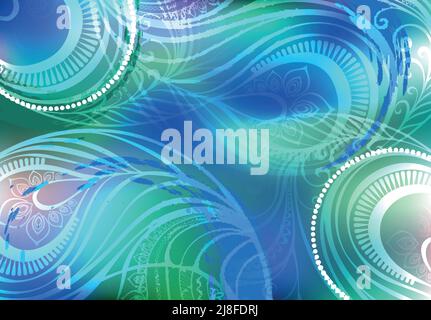 Iridescent, luminous, blue, green, abstract background, decorated with pattern of stylized, peacock feathers. Peacock pattern. Stock Vector