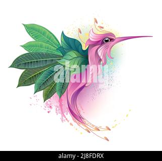 Artistically drawn, fictional hummingbird made from pink flower and with wings made from green, detailed plumeria leaves. Stock Vector