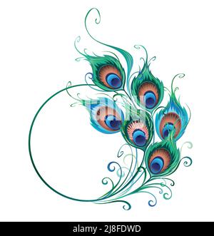 Round monogram with artistically drawn, green and blue peacock feathers on white background. Peacock feather. Stock Vector