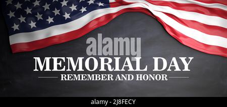Memorial Day Remember and Honor text and America flag on black background. Happy Memorial Day National USA holiday, 3d render Stock Photo