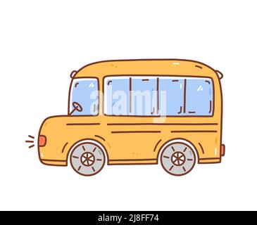 Yellow cartoon school bus isolated on white background. Vector hand-drawn illustration in doodle style. Perfect for cards, decorations, logo, various designs. Stock Vector