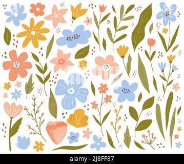 Big collection of blooming flowers, twigs and leaves isolated on white background. Vector illustration in hand-drawn flat style. Perfect for cards, decorations, spring designs. Botanical clipart set. Stock Vector