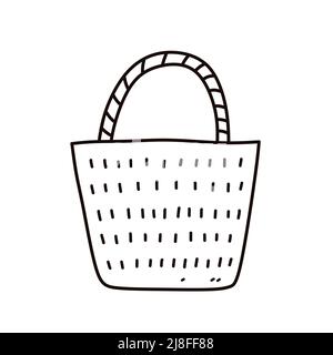 Straw beach bag isolated on white background. Summer holiday accessory. Vector hand-drawn illustration in doodle style. Perfect for logo, card, various designs, decorations. Stock Vector