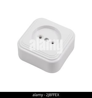 Electric built-in(flat) white socket isolated on a white background. Photo of the outlet front and back. Stock Photo