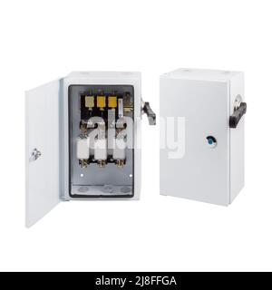 Electrical enclosure with knife switch isolated on white background. Stock Photo