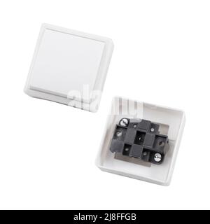 Built-in light switch with 1 key isolated on a white background. Photograph of the switch front and back. Stock Photo