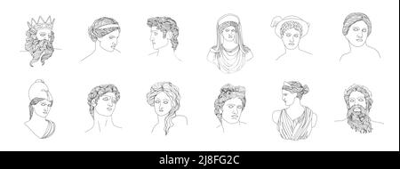Ancient greek sculpture. Set of linear gods and goddesses. Trendy vector antique statues in one line drawing style. Hand drawn outline people Stock Vector