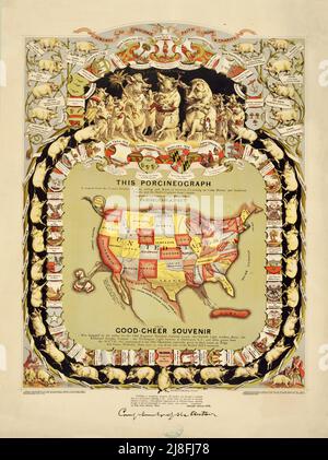 This Porcineograph - A map of the United States in the shape of a pig, surrounded by pigs representing the different states - 1876 Stock Photo
