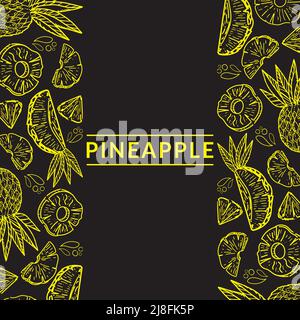 Banner with pineapples on black background. A great design for advertising the exotic fruit market, a business for grocery stores. Hand-drawn elements Stock Vector