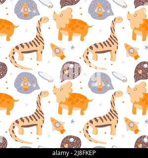 Seamless Pattern. Dinosaurs dream of space, stars and planets. Children's theme. Dinosaurs dreaming. Vector is made in a flat style on a white backgro Stock Vector