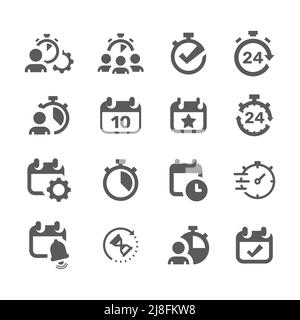 Date and time, calendar clock vector icon set. Man, manage hours filled icons. Stock Vector