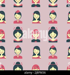 Asian woman face seamless pattern, profession job career suit for textile design and packaging illustration vector Stock Vector