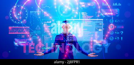 VR technology in industry. Man in VR glasses in virtual reality looking at projection of HUD holographic interface. Futuristic scientist working in Stock Vector