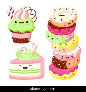 Set of cute cake, muffin, cupcake, donuts, cheesecake in kawaii style. Funny baked goods with smiling face and pink cheeks for sweet design. Vector il Stock Vector
