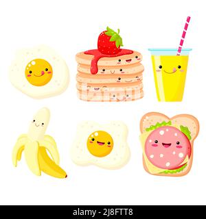 Breakfast time. Set of cute food icons in kawaii style for sweet design. Banana, orange juice, pancakes, cheese and vegetable sandwich, scrambled eggs Stock Vector