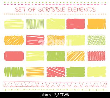 Collection of scribbled elements in hand drawn style. Set of rectangular patterns with doodle design. Vector illustration EPS 8 Stock Vector