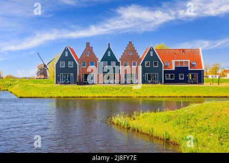 Volendam, Netherlands. Colored houses of marine park in Volendam. North Holland. Stock Photo