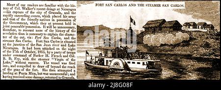 1855 article showing Fort San Carlos ( Fortaleza de San Carlos), Nicaragua, and the paddle steamer San Carlos, with description. The fort was originally used to guard against pirate attacks during the colonial period. Stock Photo