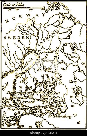 A 1902 map of the Finland, Lapland, Norway, Sweden and Russia region with distances in English miles Stock Photo