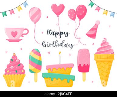 A set of festive elements and sweets. Birthday cake, balloons, cupcake, popsicle. Sweet food, dessert. Vector illustrations in a flat, cartoon style. Stock Vector