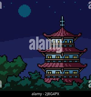 pixel art of japanese tower night Stock Vector