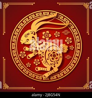 Happy Chinese New Year 2023, year of the rabbit, red and gold paper