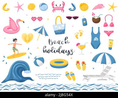 A set of summer beach, decorative elements. Beach bag, flamingo lifebuoy, diving mask, and fins. Seamless border with abstract designs. Vector illustr Stock Vector