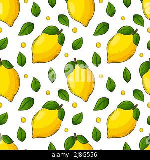 Bright juicy summer citrus lemon seamless pattern. Hand-drawn fruit with an outline. Fruit backdrop. For summer textiles, food packaging, napkins. Col Stock Vector